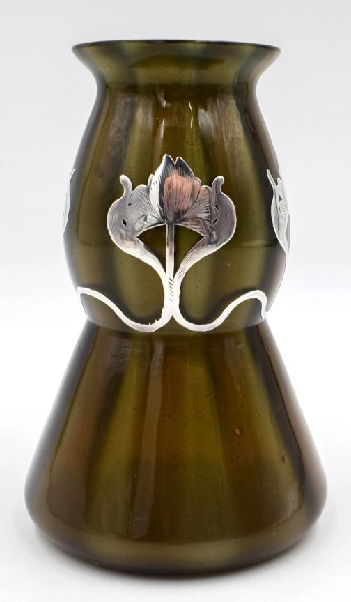 Loetz Art Glass Vase Brown Metallin Silver Overlay, Shape PNII 5184 - 2