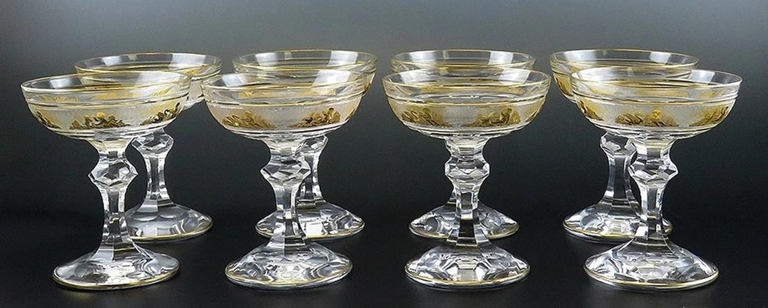 8 Gilded Crystal Glass Val St Lambert Danse de Flore Champagne Saucers/Goblets: Diameter: 3 7/8 inches. Height: 4 3/4 inches.. Condition: Used: An item that has been used previously. The item may have some signs of cosmetic wear, but is ... Read moreabout the conditionUsed: An