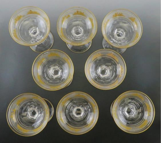 8 Gilded Crystal Glass Val St Lambert Danse de Flore Champagne Saucers/Goblets - 5