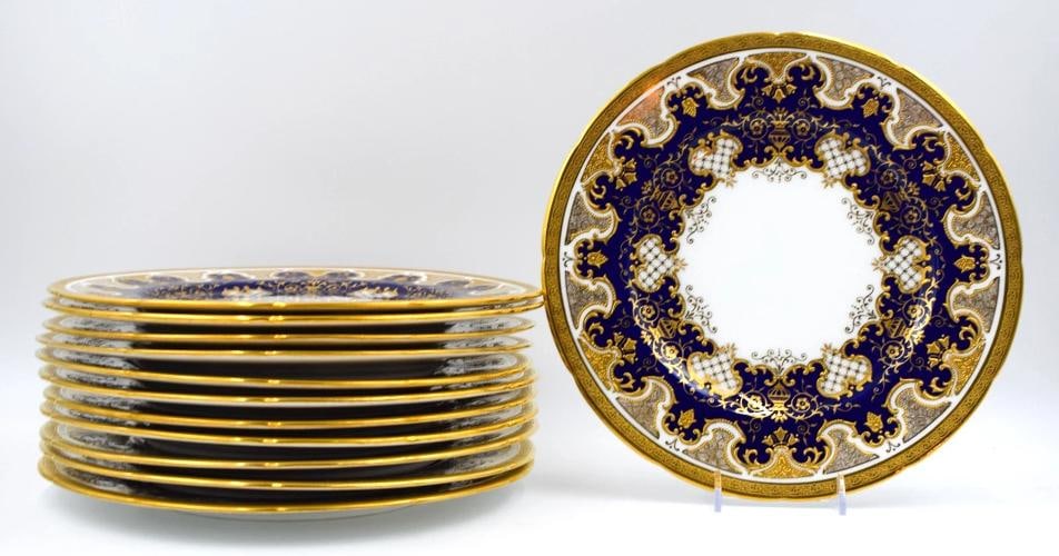 12 Antique Coalport England Raised Gold - Blue, White & Gold, Dinner Plates (1 of 7)
