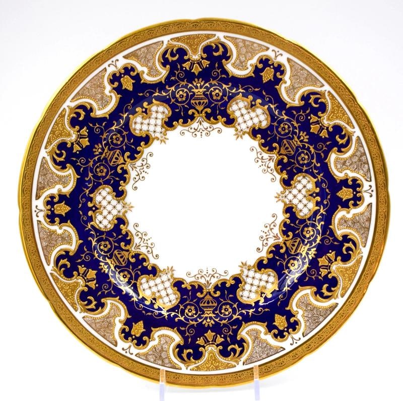 12 Antique Coalport England Raised Gold - Blue, White & Gold, Dinner Plates - 2