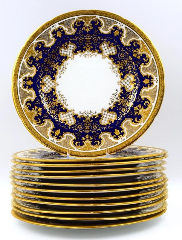 12 Antique Coalport England Raised Gold - Blue, White & Gold, Dinner Plates - 3