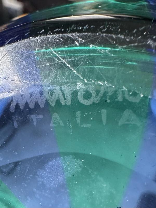 Venini Fulvio Bianconi Art Glass Bowl - Green - Blue 3 Line Signature - 7