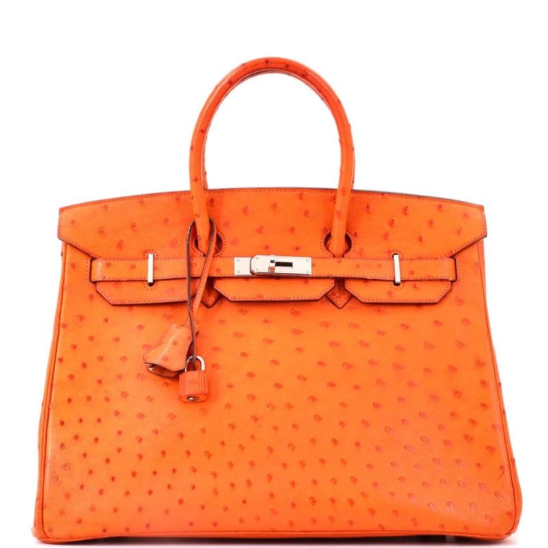 Hermes Birkin Handbag Orange Ostrich with Palladium Hardware 35: Accessories: Keys, Clochette, Lock Measurements: Height 10", Width 13.5", Depth 7". Condition: Pre-owned - Good,Brand: Hermes,Exterior Material: Ostrich,Style: Totes,Exterior Color: