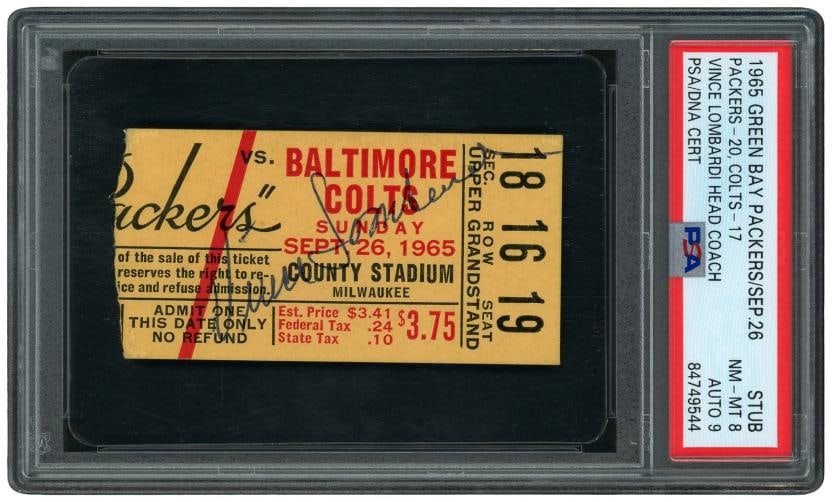 Vince Lombardi Auto 1965 Green Bay Packers vs. Colts Ticket Stub PSA 8 DNA 9: Player: Vince Lombardi,Team: Green Bay Packers,Sport: Baseball-MLB,Product: Ticket,Signed: Yes,Autograph Authentication: Professional Sports Authenticator (PSA),Original/Reprint: Original,Country of O