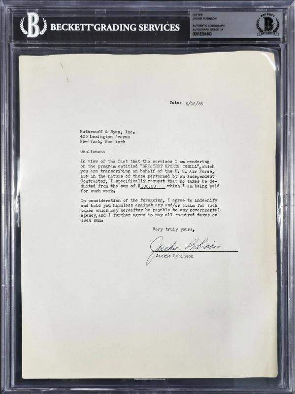 Jackie Robinson Auto 1956 Greatest Sports Thrill Contract Dodgers Sig 9 Beckett: Player: Jackie Robinson,Team: Brooklyn Dodgers,Sport: Baseball-MLB,Product: Memorabilia,Signed: Yes,Autograph Authentication: Beckett Authentication Services (BAS),Original/Reprint: Original,Country