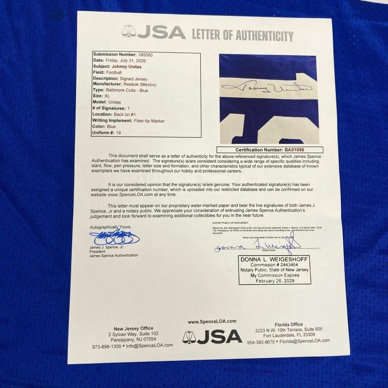 Johnny Unitas Signed Baltimore Colts Jersey JSA COA - 3