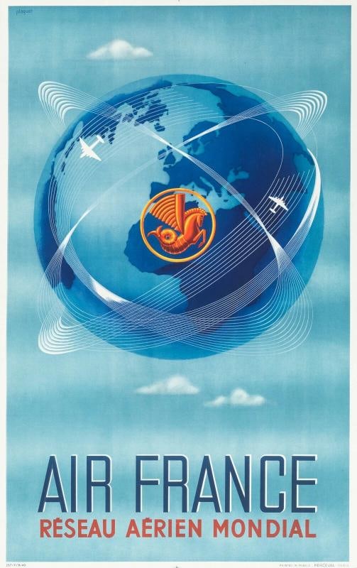 Original Vintage Air France Poster - Plaquet - Pegasus Shrimp - Aviation - 1948: Condition: Used,Country of Origin: France,Size: Medium (up to 36in.),Region of Origin: France,Artist: Plaquet,Framing: Unframed,Style: Vintage,Material: Paper,Theme: Advertising, Aviation,Type: