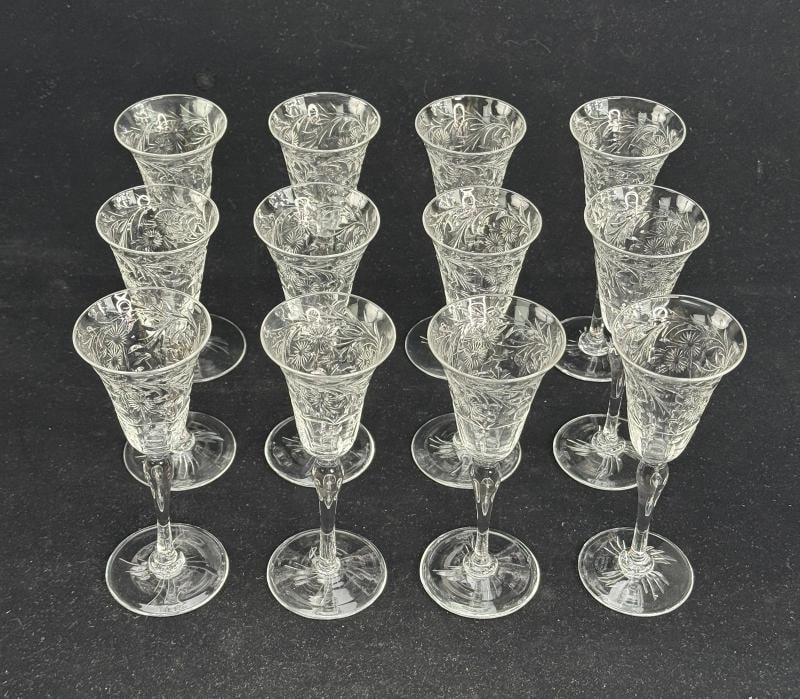 12 Antique Webb Corbett English Crystal Hand Cut Floral Cordial Glasses (1 of 8)