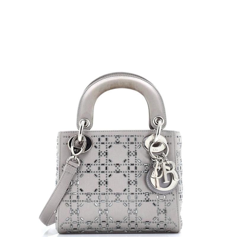 Christian Dior Lady Dior Bag Crystal Embellished Cannage Quilt Satin Mini: Condition: Pre-owned - Good,Brand: Christian Dior,Exterior Material: Satin,Style: Top Handle,Exterior Color: Gray,Department: Women,Size: Mini,Accessories: With Strap
