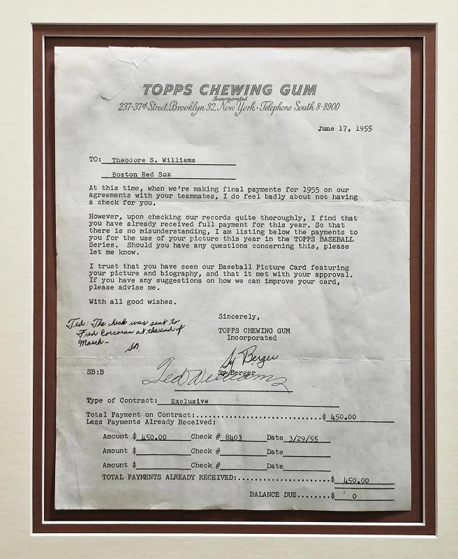 Ted Williams Signed Framed 1955 Topps Contract Red Sox With Sy Berger PSA/DNA - 2