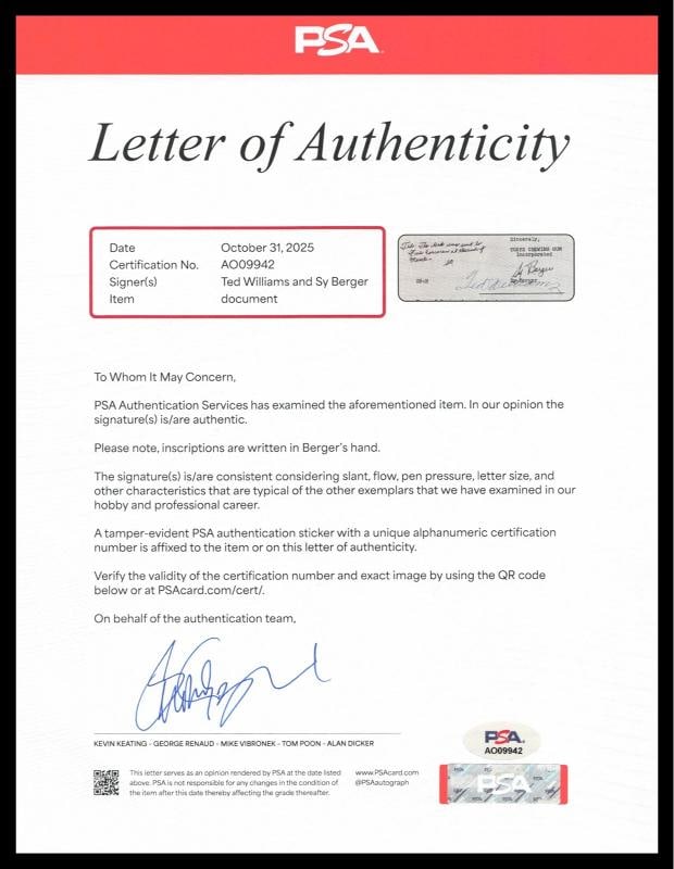 Ted Williams Signed Framed 1955 Topps Contract Red Sox With Sy Berger PSA/DNA - 6
