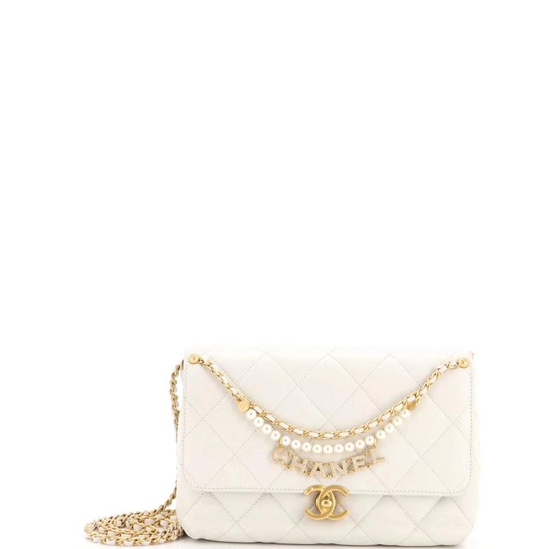Chanel Logo Chains Flap Bag Quilted Lambskin with Faux Pearls and Crystals Small: Condition: Pre-owned - Good,Brand: Chanel,Exterior Material: Crystal, Faux Pearl, Leather,Style: Shoulder Bags,Exterior Color: White,Department: Women,Size: Small,Accessories: Dust Bag