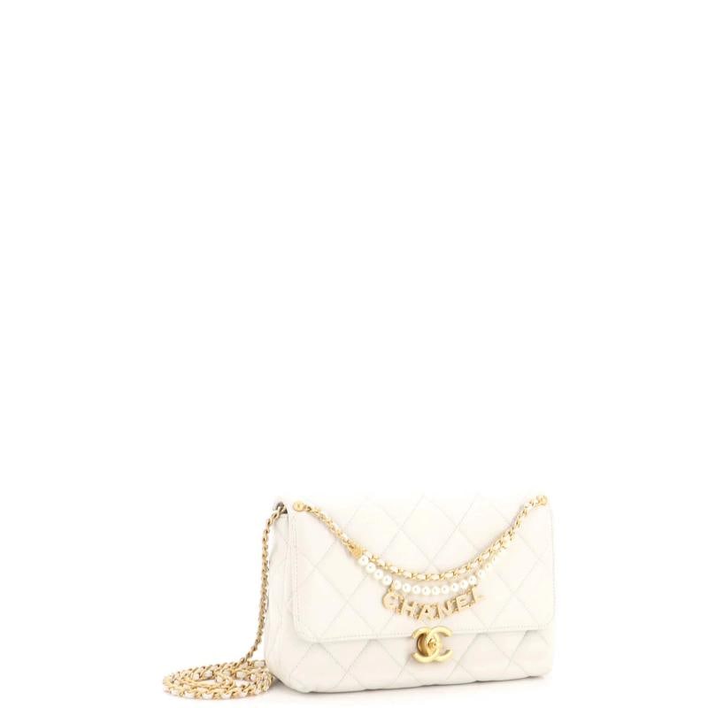 Chanel Logo Chains Flap Bag Quilted Lambskin with Faux Pearls and Crystals Small - 3