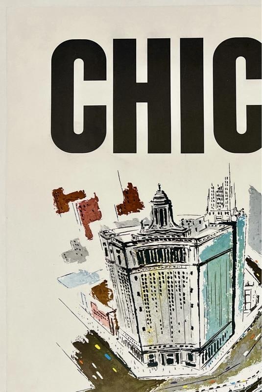 Original Vintage Poster CHICAGO CONTINENTAL AIR LINES Airline Travel LINEN 1960s - 2