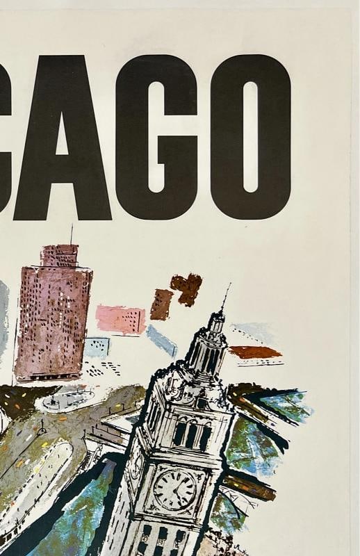 Original Vintage Poster CHICAGO CONTINENTAL AIR LINES Airline Travel LINEN 1960s - 3