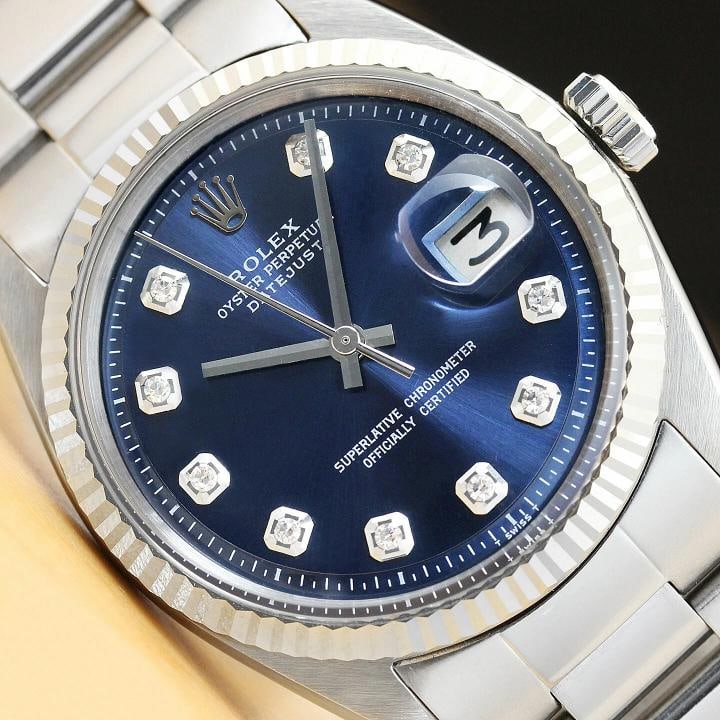 MENS ROLEX DATEJUST BLUE DIAMOND 18K WHITE GOLD/SS STEEL WATCH w/ OYSTER BAND: Condition: Pre-owned - Excellent,Bezel Color: Silver,Max Wrist Size: 7.26-7.5 in,Number of Jewels: 26 Jewels,Indices: Diamond Hour Marks, 12-Hour Dial, Multiple Hands,Bezel: Rolex 18K White Gold