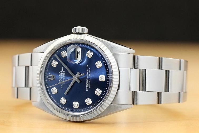 MENS ROLEX DATEJUST BLUE DIAMOND 18K WHITE GOLD/SS STEEL WATCH w/ OYSTER BAND - 2