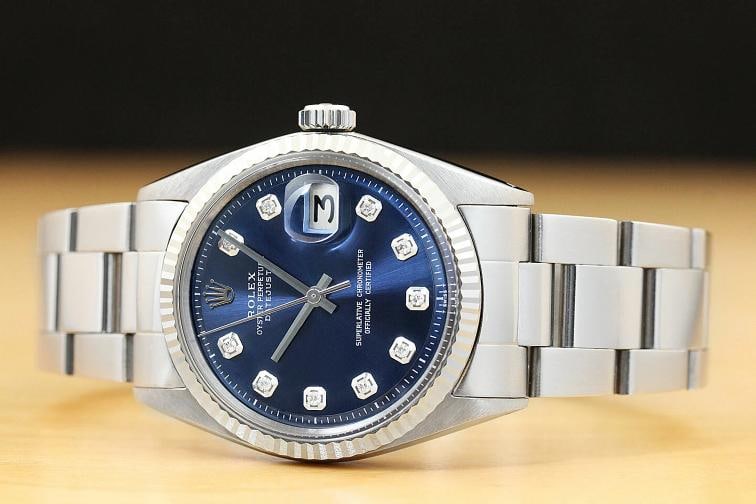 MENS ROLEX DATEJUST BLUE DIAMOND 18K WHITE GOLD/SS STEEL WATCH w/ OYSTER BAND - 3