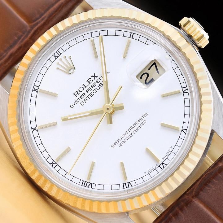 ROLEX MENS DATEJUST 16013 WHITE DIAL 18K GOLD STEEL WATCH w/ BROWN LEATHER BAND: This is an authentic Rolex Datejust 16013 watch with Rolex stick dial Ref., Rolex 18K yellow gold fluted bezel, and custom genuine brown leather strap. Descriptions: Brand: Rolex Model: Datejust