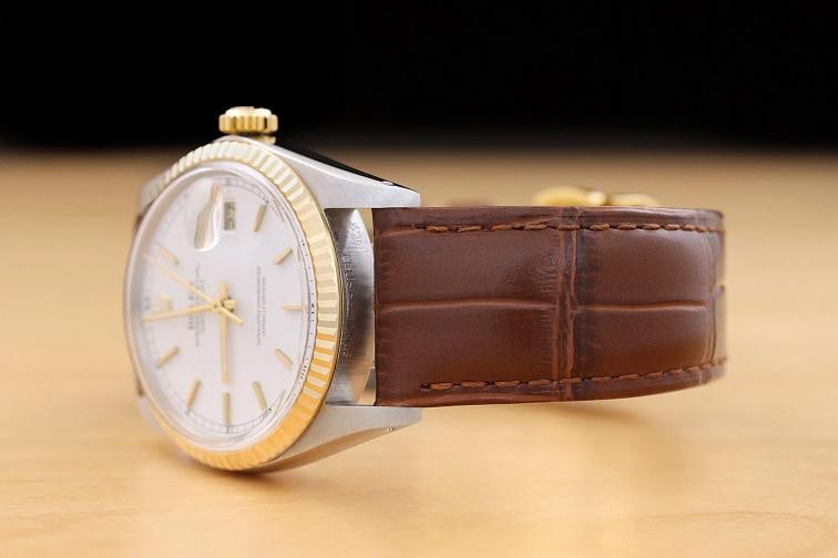 ROLEX MENS DATEJUST 16013 WHITE DIAL 18K GOLD STEEL WATCH w/ BROWN LEATHER BAND - 4