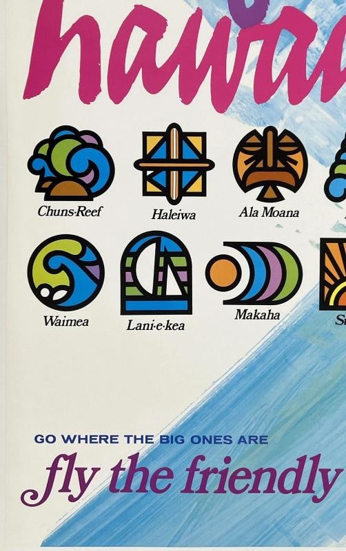 Original Vintage Poster SURF HAWAII UNITED AIRLINES Airline UAL Travel LINEN - 4