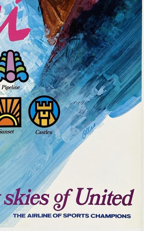 Original Vintage Poster SURF HAWAII UNITED AIRLINES Airline UAL Travel LINEN - 5