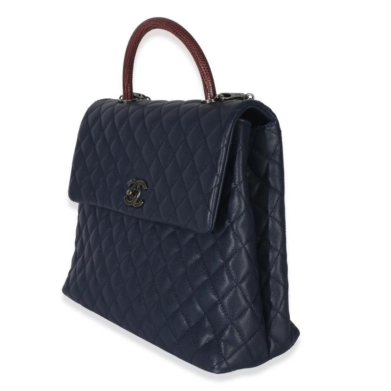 Chanel Navy Quilted Caviar Lizard Large Coco Top Handle Bag - 3