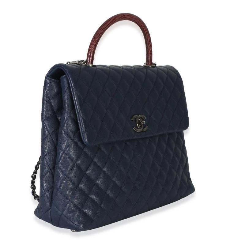Chanel Navy Quilted Caviar Lizard Large Coco Top Handle Bag - 4