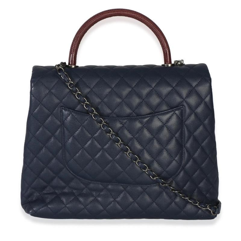 Chanel Navy Quilted Caviar Lizard Large Coco Top Handle Bag - 5