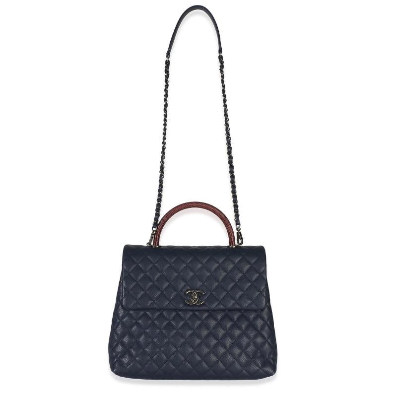 Chanel Navy Quilted Caviar Lizard Large Coco Top Handle Bag - 6