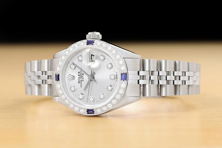 LADIES ROLEX DATE 6917 SILVER DIAL 18K WHITE GOLD SAPPHIRE DIAMOND STEEL WATCH - 2