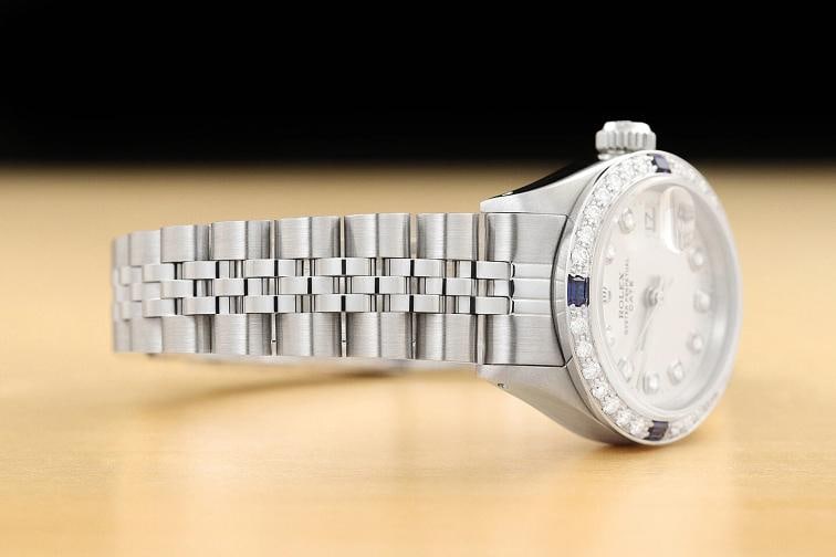 LADIES ROLEX DATE 6917 SILVER DIAL 18K WHITE GOLD SAPPHIRE DIAMOND STEEL WATCH - 6