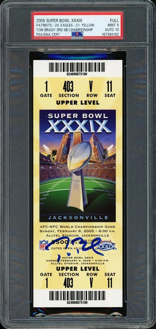 Tom Brady Signed 2005 SB XXXIX Full Ticket New England Patriots PSA9 Auto 10: Sport: Football,Product: Ticket,Object Type: Ticket,Player: Tom Brady,Team: New England Patriots,Signed By: Tom Brady,Autographed: Yes,Signed: Yes,Autograph Authentication: Professional Sports Authent