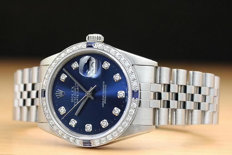 AUTHENTIC MENS ROLEX DATEJUST BLUE DIAMOND 18K WHITE GOLD STEEL WATCH - 2