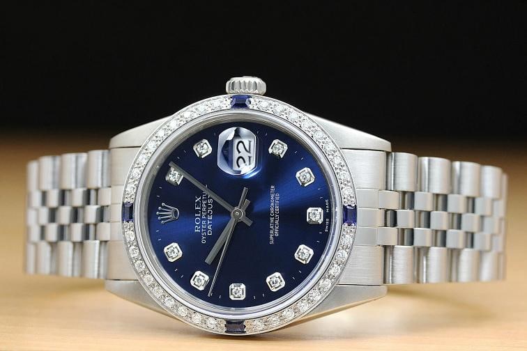 AUTHENTIC MENS ROLEX DATEJUST BLUE DIAMOND 18K WHITE GOLD STEEL WATCH - 3