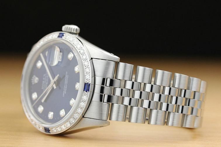 AUTHENTIC MENS ROLEX DATEJUST BLUE DIAMOND 18K WHITE GOLD STEEL WATCH - 4