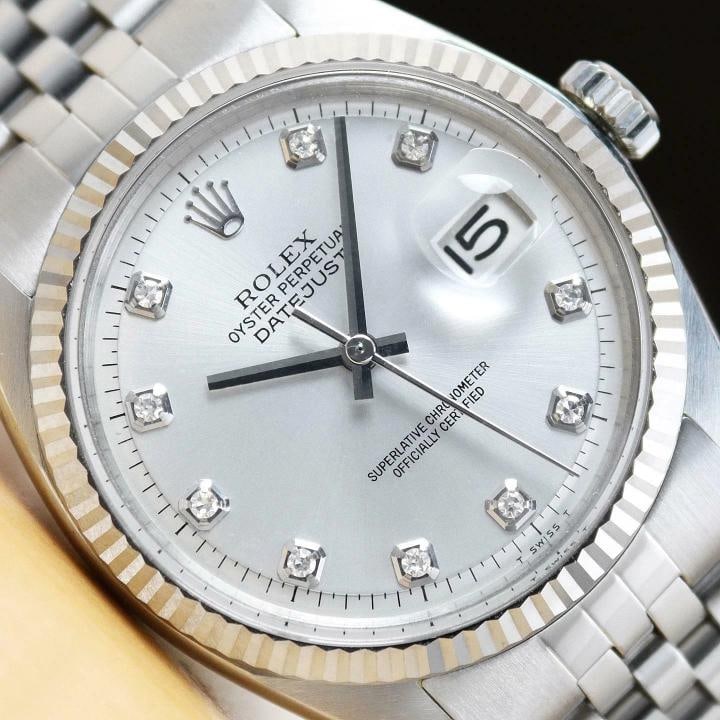 ROLEX MENS DATEJUST SILVER DIAMOND DIAL 18K WHITE GOLD STAINLESS STEEL WATCH: Condition: Pre-owned - Excellent,Bezel Color: Silver,Max Wrist Size: 7.26-7.5 in,Number of Jewels: 26 Jewels,Indices: Diamond Markers, 12-Hour Dial,Bezel: Rolex 18K White Gold Fluted