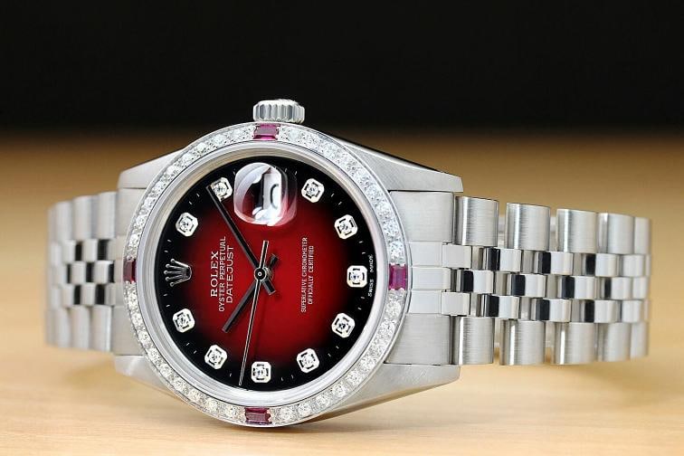 MENS ROLEX DATEJUST 16014 RED VIGNETTE DIAMOND RUBY 18K WHITE GOLD STEEL WATCH - 2
