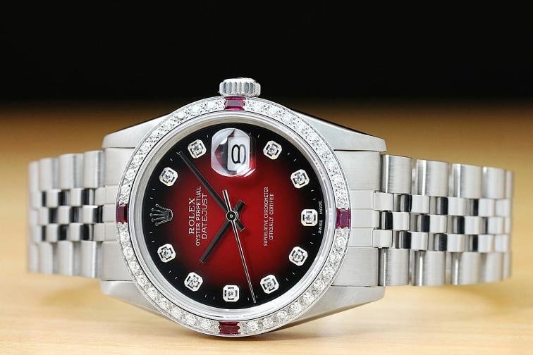 MENS ROLEX DATEJUST 16014 RED VIGNETTE DIAMOND RUBY 18K WHITE GOLD STEEL WATCH - 3