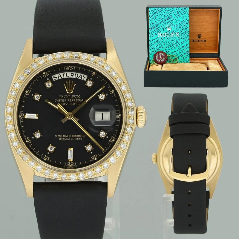Rolex Day-Date President 1803 Black Diamond Bezel Yellow Gold 36mm Watch Box: Case & Dial Case Material: Rolex Yellow Gold Case Size: 36mm Bezel: Custom Yellow Gold Diamond Crystal: Rolex Acrylic Dial: Rolex Black Diamond Movement & Bracelet Movement: Rolex Automatic Bracelet