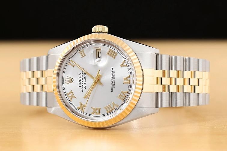 ROLEX MENS DATEJUST 16013 18K GOLD STEEL SILVER ROMAN DIAL WATCH w/ ROLEX BAND - 2