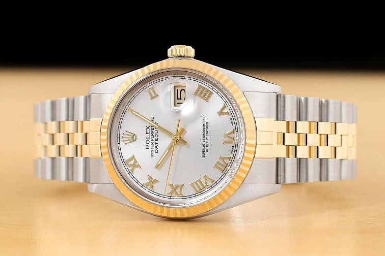 ROLEX MENS DATEJUST 16013 18K GOLD STEEL SILVER ROMAN DIAL WATCH w/ ROLEX BAND - 3