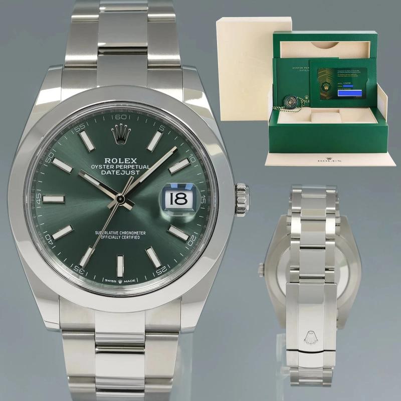 2022 NEW PAPERS Rolex 126300 Mint Green DateJust 41 Steel Oyster 41mm Watch Box: Case & Dial Case Material: Rolex Stainless Steel Case Size: 41mm Bezel: Rolex Stainless Steel Crystal: Rolex Sapphire Dial: Rolex Mint Green Movement & Bracelet Movement: Rolex Automatic Bracelet Desi