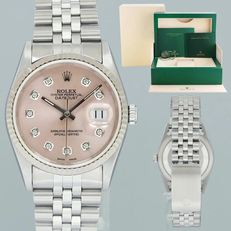 MINT Rolex DateJust 16234 Pink Diamond Jubilee White Gold Fluted 36mm Watch Box: Case & Dial Case Material: Rolex Stainless Steel Case Size: 36mm Bezel: Rolex White Gold Fluted Crystal: Rolex Sapphire Dial: Custom Pink Diamond Movement & Bracelet Movement: Rolex Automatic Bracelet