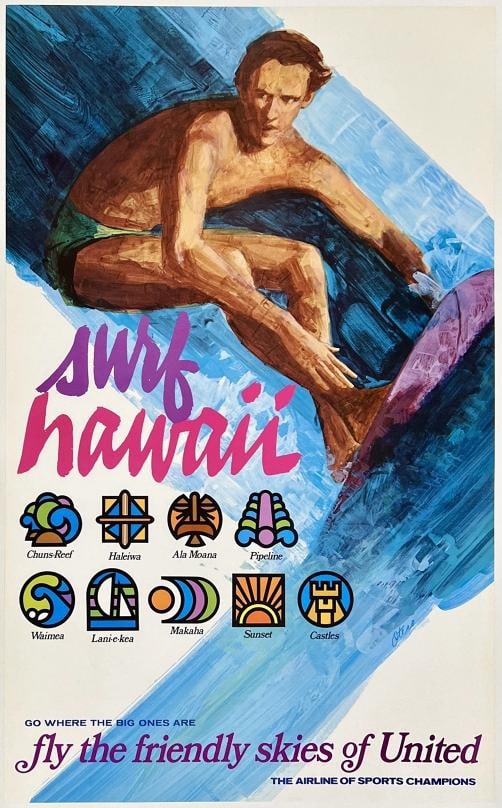 Original Vintage Poster SURF HAWAII UNITED AIRLINES Airline UAL Travel LINEN (1 of 5)