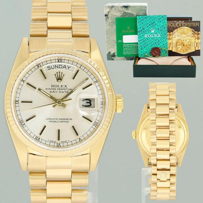 Rolex President Day Date 18038 Yellow Gold Silver Stick Quickset Watch: Case & Dial Case Material: Rolex Yellow Gold Case Size: 36mm Bezel: Rolex Yellow Gold Fluted Crystal: Rolex Sapphire Dial: Rolex Silver Stick Movement & Bracelet Movement: Rolex Automatic