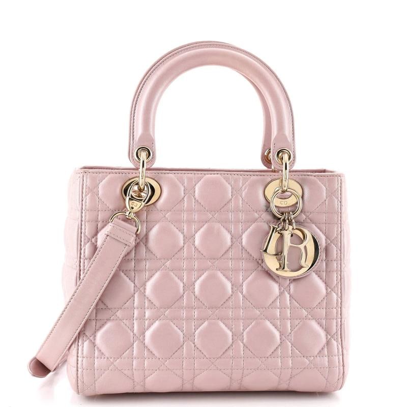 Christian Dior Lady Dior Bag Cannage Quilt Lambskin Medium: Condition: Pre-owned - Good,Brand: Christian Dior,Exterior Material: Leather,Style: Top Handle,Exterior Color: Pink,Department: Women,Size: Medium,Accessories: Dust Bag, With Strap Condition: Good. Ex