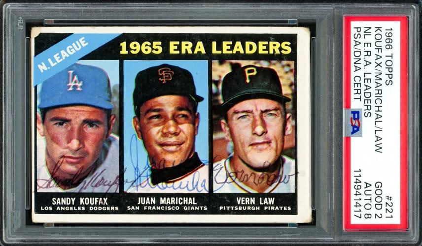 Sandy Koufax,Juan Marichal & Vern Law Auto 1966 Topps Card #221 PSA 2 Auto: Condition: Graded - PSA 2: Professionally graded,Sport: Baseball,Product: Card,Player: Sandy Koufax, Juan Marichal & Vern Law,Player/Athlete: Sandy Koufax, Juan Marichal & Vern Law,Signed By: Sandy