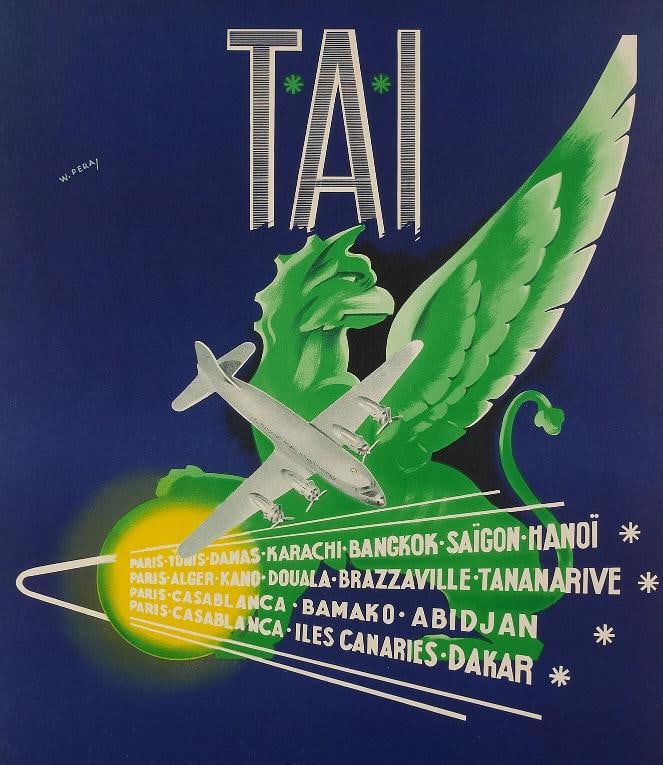 Original Aviation Poster - Pera - TAI - Africa - Asia - Indochina - Dragon- 1950 - 2